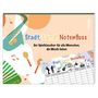 „Stadt, Land, Notenfluss“, ein Spiel für Musikliebhaber. Bunte Instrumente und Noten zieren den Hintergrund.