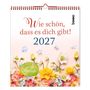 Text: "Wie schön, dass es dich gibt! 2027. mit 12 Postkarten." Bunte Blüten auf hellrosa Hintergrund.