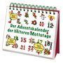 "Der Adventskalender der heiteren Mottotage" mit bunten Zahlen und witzigen Illustrationen, z. B. Tannenbaum und Nikolaus.