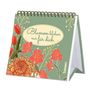 Text: "Blumen blühen nur für dich". Illustration eines Tischkalenders mit roten und gelben Blumen auf grünem Hintergrund.