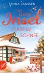 Fenna Janssen: "Das kleine Inselcafé im Schnee". Winterliches Haus mit Café-Tisch und Schneebedeckung am Meer.