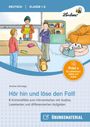 „Hör hin und löse den Fall! Übungsmaterial.“ Drei Kinder in einem Klassenraum mit Hund auf Kissen.