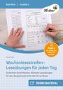 Texte: "Wochenlesestreifen - Leseübungen für jeden Tag", "Print + Mit editierbaren Seiten zum Download". Zwei Hände schreiben auf Arbeitsblättern.