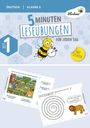 DEUTSCH KLASSE 2 HEFT 1. 5 Minuten Leseübungen. Illustration: Biene mit Wecker, blau-gelbes Design, Sticker-Hinweis.