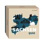 „SACHSEN QUIZ“ in großen Buchstaben. Darunter eine stilisierte Karte Sachsens mit kulturellen und historischen Symbolen.
