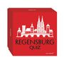 "REGENSBURG QUIZ" steht auf einem roten Würfel. Silhouette von Regensburg ist oben abgebildet.