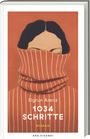 „Sigrun Arenz, 1034 Schritte, Roman“. Illustration einer Person mit hohem gestreiften Rollkragenpullover.