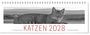 KATZEN 2028: Literarischer Tischkalender. Schwarz-weiße Katze liegt im Vordergrund, Berge im Hintergrund.