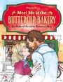 "Meet Me at the Buttercup Bakery. Ein Malbuch für echte Romance-Fans." Illustration von Paar vor einer Bäckerei.