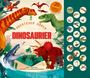 „Abenteuer Hören: Dinosaurier“ – Buchcover mit farbenfrohen Dinosauriern und einem Kreis mit 20 Dino-Sounds.