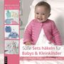 „Süße Häkelsets für Babys & Kleinkinder.“ Ein lachendes Baby in rosa Häkeljacke, links bunt gehäkelte Kleidung.