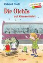 Erhard Dietl, Die Olchis auf Klassenfahrt. Zwei grüne Figuren vor einem Bus, ein Kind winkt. Logo: Lesestarter Oetinger.