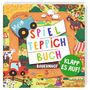 „Mein Spielteppichbuch: Bauernhof“. Bunte Illustration mit Tieren, Traktor und spielendem Kind.