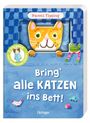 Buchtitel "Bring` alle KATZEN ins Bett!", oben "Naomi Tipping". Illustration: Katze und Frosch auf blauem Grund.