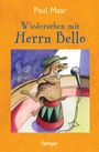 „Wiedersehen mit Herrn Bello“ von Paul Maar, Oetinger. Ein Hund mit Mütze und Knochen steht auf einem Podest vor einem Mikrofon.