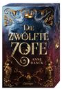 "Die zwölfte Zofe" von Anne Danck. Goldene Verzierungen, eine Krone und Ritterfiguren auf einem blauen und roten Hintergrund.