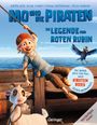 "MO UND DIE PIRATEN: DIE LEGENDE VOM ROTEN RUBIN. Kind mit Seil, fröhliches Gesicht, Ziege kaut auf Seil, blauer Vogel."