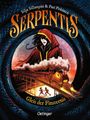 „Serpentis: Gleis der Finsternis“ oben und unten. Illustration: Kapuzenfigur, Zug mit Dampfwolken, dunkle Schlangenhaut.