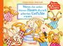 Text: "Wenn die sieben kleinen Hasen durch allerlei Gefühle rasen." Illustration von fröhlichen Hasen in bunten Kleidern.