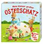 Text: "Mein kleiner großer Osterschatz", "3 Bücher in einem Band", "Oetinger". Illustration: Drei Häschen bemalen ein riesiges Ei.
