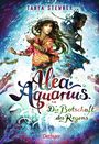 „Alea Aquarius“ in geschwungener Schrift, darunter „Die Botschaft des Regens“. Ein Mädchen mit fließendem Haar und Wasser.