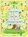 Text: "Frühling, Freude, Gänseblümchen. Die schönsten Geschichten von Astrid Lindgren, Sven Nordqvist und anderen."  
Illustration: Kinder und Tiere umgeben einen blühenden Baum.