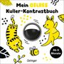 "Mein GELBES Kuller-Kontrastbuch", "Ab 6 Monate". Ein gelber Tiger, Känguru, Biene, Blätter und ein rundes, schwarz-weißes Element.