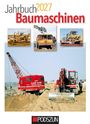 Titel: "Jahrbuch 2027 Baumaschinen". Drei Fotos von Baugeräten, darunter ein roter Bagger und ein Mann. Logo: PODSZUN.