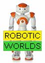 Der Text "ROBOTIC WORLDS" steht senkrecht. Ein humanoider Roboter mit blau-weißen Details.