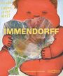 "für alle Lieben in der Welt" und "Immendorff". Ein kleines Kind mit roten Wangen hält einen großen Strauß Blumen.