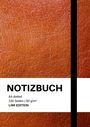 Text: "NOTIZBUCH, A4 dotted, 100 Seiten | 90 g/m², LIWI EDITION." Hintergrund: Textur von braunem Leder, schwarze Streifen.
