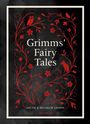 "Grimms' Fairy Tales" in einem dekorativen, roten floralen Rahmen. Eule und Fuchs als Illustrationen.