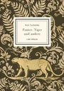 Text: Kurt Tucholsky, Panter, Tiger und andere, LIWI VERLAG. Dargestellt ist eine Illustration mit floralen Mustern und einem Panther.