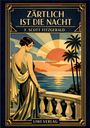 "ZÄRTLICH IST DIE NACHT, F. SCOTT FITZGERALD, LIWI VERLAG." Eine elegante Frau, Meer, Sonnenuntergang, Palmen, im Art-Deco-Stil.