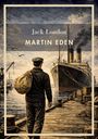 "Jack London Martin Eden" steht über einem Hafenbild: Eine Person mit Tasche schaut auf großes Dampfschiff.