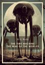H.G. Wells, The Time Machine, The War of the Worlds. Große, dreibeinige Maschinen vor einem Mond in einer Wüstenlandschaft.