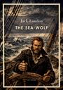 "Jack London, The Sea-Wolf, LIWI Verlag." Ein robust aussehender Mann steuert ein Schiff durch stürmische See.