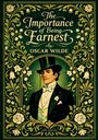 Text: "The Importance of Being Earnest by Oscar Wilde". Illustration: Eleganter Mann im Anzug mit Zylinder und Monokel, umgeben von Blumenmustern.
