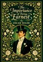 "The Importance of Being Earnest" von Oscar Wilde. Illustration: Ein Mann im Frack mit Monokel, umgeben von floralen Mustern.
