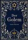 "Der Golem" von Gustav Meyrink, dekorativer blauer Hintergrund, goldene Ornamente, Davidstern und Krone.
