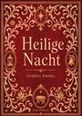 "Heilige Nacht" von Ludwig Thoma, verziert mit goldenen Ornamenten, Stern, Mond, Glocke und Laterne in einem roten Rahmen.