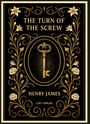 „THE TURN OF THE SCREW“ oben, „HENRY JAMES“ und „LIWI VERLAG“ unten, goldene Blumenranken und ein antiker Schlüssel.
