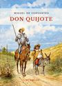 „MIGUEL DE CERVANTES DON QUIJOTE“ oben, „LIWI VERLAG“ unten. Illustration zweier Männer auf Pferd und Esel in ländlicher Landschaft.