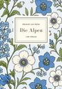 "Albrecht von Haller, Die Alpen, LIWI VERLAG" steht zentral. Blaue und weiße Blumen als Hintergrundmuster.