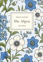 Oben: "Albrecht von Haller, Die Alpen, LIWI VERLAG". Hintergrund: blaue und weiße Blumen auf hellblauem Grund.