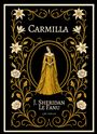 „Carmilla“ oben, „J. Sheridan Le Fanu“ unten. Illustration: Frau in gelbem Kleid, umrahmt von floralen Mustern.