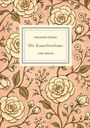 "Alexandre Dumas, Die Kameliendame, Liwi Verlag." Ein florales Muster mit großen Blüten auf rosa Hintergrund.