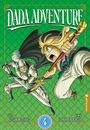 "DADA ADVENTURE" steht oben. Zwei Figuren kämpfen: ein Ritter in Rüstung und ein blondes Kind mit Stock vor grünem Hintergrund.