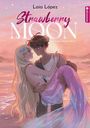 "Strawberry Moon: Die Tochter des Mondlichts" von Laia López. Junge hält Meerjungfrau im Arm am Strand bei Sonnenuntergang.