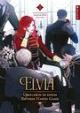 „ELVIA: Überleben in einem Reverse Harem Game“. Eine Frau in roter Kleidung sitzt, umgeben von eleganten Personen.